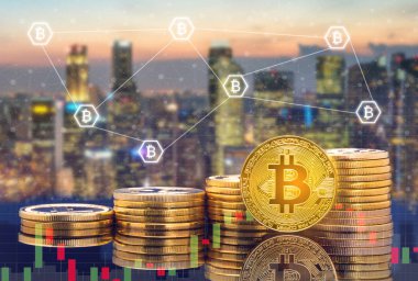 Piyasa ticaret fiyat tablosu Bitcoin Btc ve kavram - fiziksel Bitcoin paralar şehir arka plan ve exchange ile yatırım cryptocurrency. Blockchain ve finans teknolojileri.