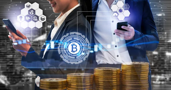 Bitcoin Cryptocurrency Investing Concept Businessman Using Mobile Phone Application Trade — Stock Photo, Image