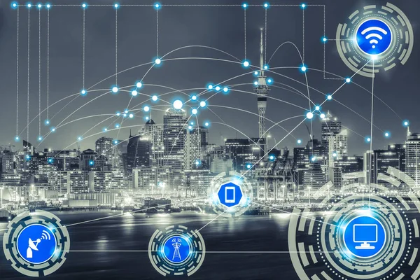 Akıllı şehir kablosuz iletişim ağı Internet şeyler (çok) ve bilgi iletişim teknolojisi (ICT) modern şehir binaları içinde belgili tanımlık geçmiş karşı grafik gösteren kavramı ile.