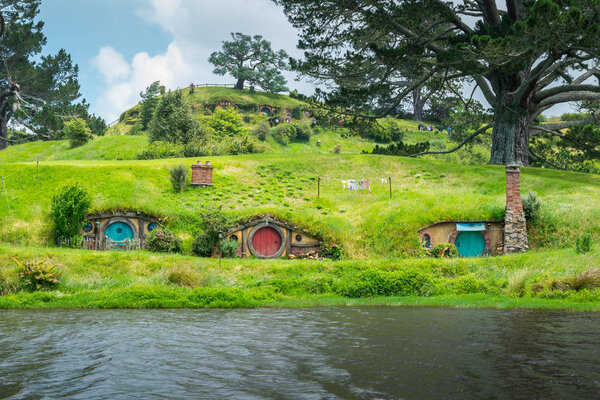 Matamata, New Zealand - Dec 11, 2016: Hobbiton movie set created for filming The Lord of the Rings and The Hobbit movies in North Island of New Zealand. It is opened for tourist who visit New Zealand.