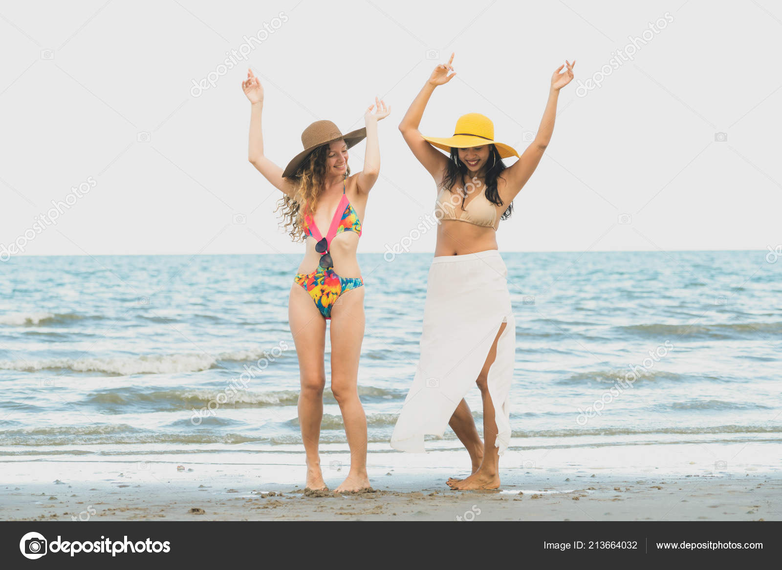 Happy Women Bikinis Dance Together Tropical Sand Beach Summer Vacation