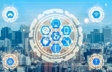 Akıllı şehir kablosuz iletişim ağı Internet şeyler (çok) ve bilgi iletişim teknolojisi (ICT) modern şehir binaları içinde belgili tanımlık geçmiş karşı grafik gösteren kavramı ile.