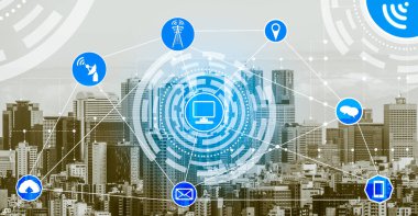 Akıllı şehir kablosuz iletişim ağı Internet şeyler (çok) ve bilgi iletişim teknolojisi (ICT) modern şehir binaları içinde belgili tanımlık geçmiş karşı grafik gösteren kavramı ile.