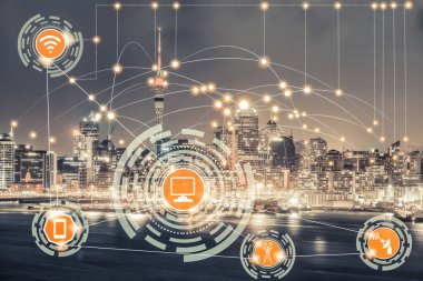 Akıllı şehir kablosuz iletişim ağı Internet şeyler (çok) ve bilgi iletişim teknolojisi (ICT) modern şehir binaları içinde belgili tanımlık geçmiş karşı grafik gösteren kavramı ile.