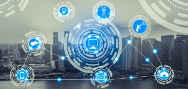 Akıllı şehir kablosuz iletişim ağı Internet şeyler (çok) ve bilgi iletişim teknolojisi (ICT) modern şehir binaları içinde belgili tanımlık geçmiş karşı grafik gösteren kavramı ile.