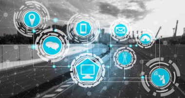 Akıllı şehir kablosuz iletişim ağı Internet şeyler (çok) ve bilgi iletişim teknolojisi (ICT) modern şehir binaları içinde belgili tanımlık geçmiş karşı grafik gösteren kavramı ile.