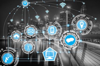 Akıllı şehir kablosuz iletişim ağı Internet şeyler (çok) ve bilgi iletişim teknolojisi (ICT) modern şehir binaları içinde belgili tanımlık geçmiş karşı grafik gösteren kavramı ile.