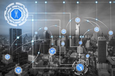 Akıllı şehir kablosuz iletişim ağı Internet şeyler (çok) ve bilgi iletişim teknolojisi (ICT) modern şehir binaları içinde belgili tanımlık geçmiş karşı grafik gösteren kavramı ile.