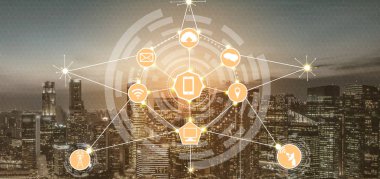 Akıllı şehir kablosuz iletişim ağı Internet şeyler (çok) ve bilgi iletişim teknolojisi (ICT) modern şehir binaları içinde belgili tanımlık geçmiş karşı grafik gösteren kavramı ile.