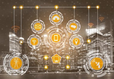 Akıllı şehir kablosuz iletişim ağı Internet şeyler (çok) ve bilgi iletişim teknolojisi (ICT) modern şehir binaları içinde belgili tanımlık geçmiş karşı grafik gösteren kavramı ile.