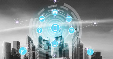 Akıllı şehir kablosuz iletişim ağı Internet şeyler (çok) ve bilgi iletişim teknolojisi (ICT) modern şehir binaları içinde belgili tanımlık geçmiş karşı grafik gösteren kavramı ile.