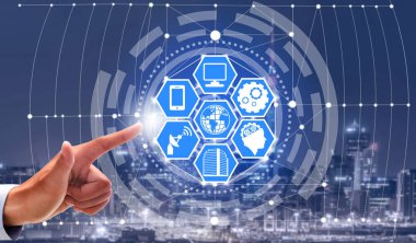 Akıllı şehir kablosuz iletişim ağı Internet şeyler (çok) ve bilgi iletişim teknolojisi (ICT) modern şehir binaları içinde belgili tanımlık geçmiş karşı grafik gösteren kavramı ile.