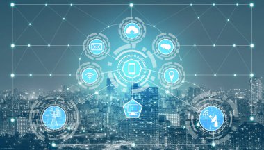 Akıllı şehir kablosuz iletişim ağı Internet şeyler (çok) ve bilgi iletişim teknolojisi (ICT) modern şehir binaları içinde belgili tanımlık geçmiş karşı grafik gösteren kavramı ile.