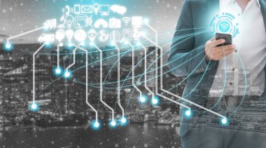 Akıllı şehir kablosuz iletişim ağı Internet şeyler (çok) ve bilgi iletişim teknolojisi (ICT) modern şehir binaları içinde belgili tanımlık geçmiş karşı grafik gösteren kavramı ile.