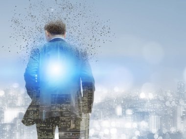 İş takım modern iş binalar ve arka planda cityscape çekip içinde işadamı gerçeküstü resmini. Dijital yenilik ve teknoloji bozulma kavramı.