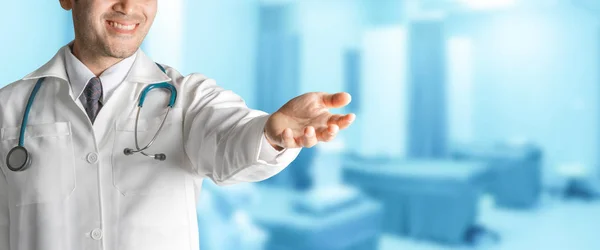 Male Doctor Hospital Opening Hand Palm Build Copy Space Your — Stock Photo, Image