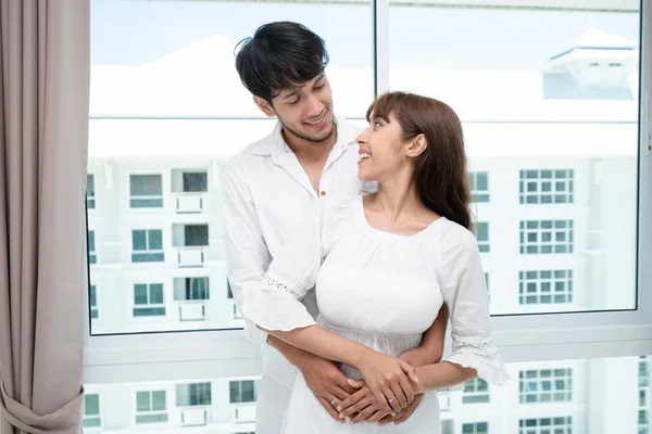 Happy Young Couple Relaxing Home Bedroom Waking Morning — Stock Photo, Image