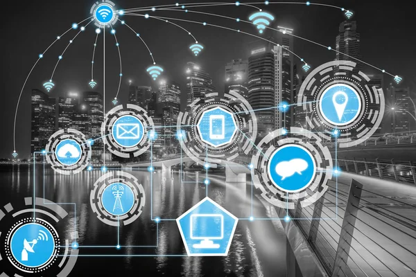 Akıllı şehir kablosuz iletişim ağı Internet şeyler (çok) ve bilgi iletişim teknolojisi (ICT) modern şehir binaları içinde belgili tanımlık geçmiş karşı grafik gösteren kavramı ile.