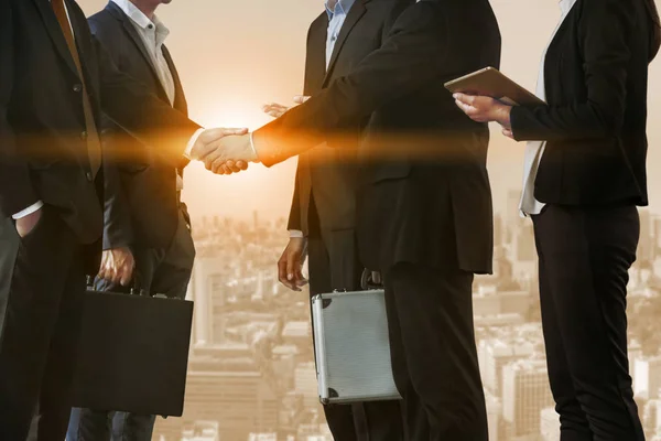 Dvojitá Expozice Firmy Lidé Handshake Dohody Panorama Pozadí Výkonný Obchodní — Stock fotografie