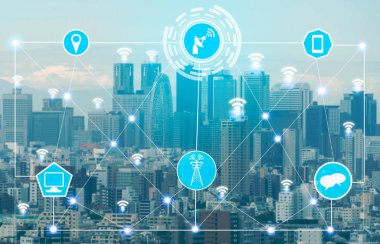 Akıllı şehir kablosuz iletişim ağı Internet şeyler (çok) ve bilgi iletişim teknolojisi (ICT) modern şehir binaları içinde belgili tanımlık geçmiş karşı grafik gösteren kavramı ile.