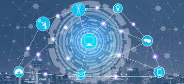 Akıllı şehir kablosuz iletişim ağı Internet şeyler (çok) ve bilgi iletişim teknolojisi (ICT) modern şehir binaları içinde belgili tanımlık geçmiş karşı grafik gösteren kavramı ile.