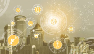 Akıllı şehir kablosuz iletişim ağı Internet şeyler (çok) ve bilgi iletişim teknolojisi (ICT) modern şehir binaları içinde belgili tanımlık geçmiş karşı grafik gösteren kavramı ile.