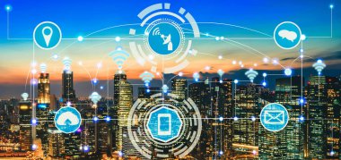 Akıllı şehir kablosuz iletişim ağı Internet şeyler (çok) ve bilgi iletişim teknolojisi (ICT) modern şehir binaları içinde belgili tanımlık geçmiş karşı grafik gösteren kavramı ile.