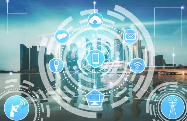 Akıllı şehir kablosuz iletişim ağı Internet şeyler (çok) ve bilgi iletişim teknolojisi (ICT) modern şehir binaları içinde belgili tanımlık geçmiş karşı grafik gösteren kavramı ile.