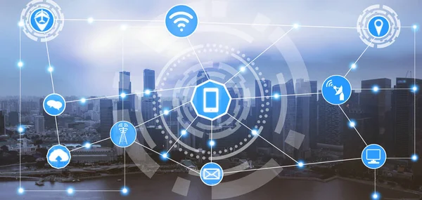 Akıllı şehir kablosuz iletişim ağı Internet şeyler (çok) ve bilgi iletişim teknolojisi (ICT) modern şehir binaları içinde belgili tanımlık geçmiş karşı grafik gösteren kavramı ile.