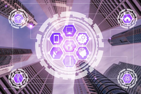 Akıllı şehir kablosuz iletişim ağı Internet şeyler (çok) ve bilgi iletişim teknolojisi (ICT) modern şehir binaları içinde belgili tanımlık geçmiş karşı grafik gösteren kavramı ile.