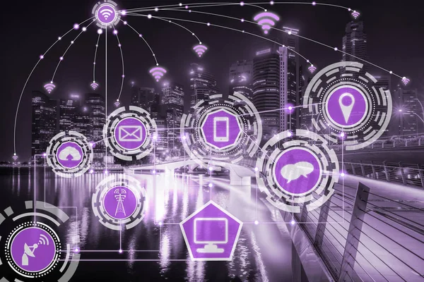 Akıllı şehir kablosuz iletişim ağı Internet şeyler (çok) ve bilgi iletişim teknolojisi (ICT) modern şehir binaları içinde belgili tanımlık geçmiş karşı grafik gösteren kavramı ile.