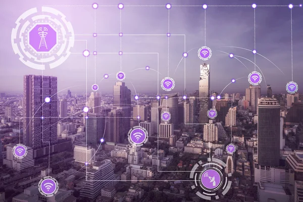 Rede Comunicação Sem Fio Cidade Inteligente Com Gráfico Mostrando Conceito — Fotografia de Stock