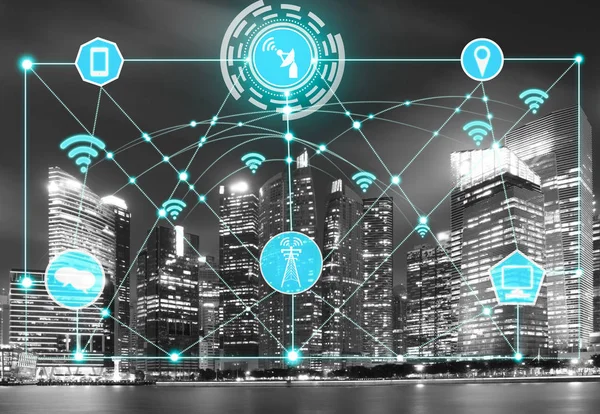 Red Comunicaciones Inalámbricas Ciudades Inteligentes Con Concepto Gráfico Internet Las — Foto de Stock