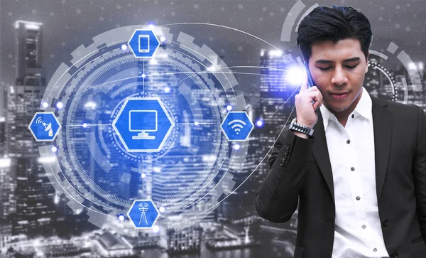 Akıllı şehir kablosuz iletişim ağı Internet şeyler (çok) ve bilgi iletişim teknolojisi (ICT) modern şehir binaları içinde belgili tanımlık geçmiş karşı grafik gösteren kavramı ile.