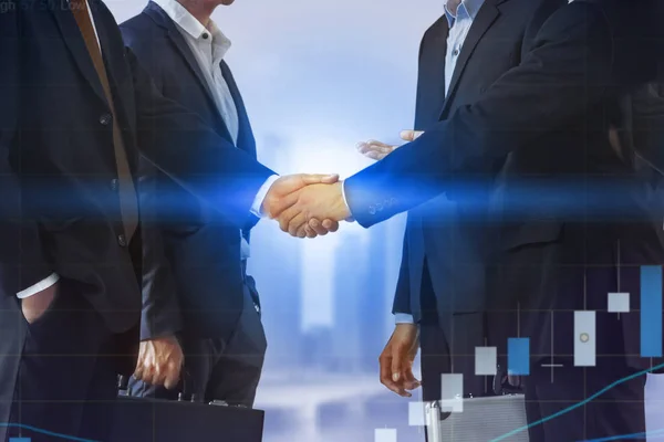 Doppelbelichtung Geschäftsleute Handschlag Vereinbarung Mit Stadtbild Hintergrund Business Executive Meeting — Stockfoto