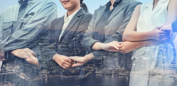 Double Exposure Business People Holding Hands Together Showing Workers Relationship — Stock Photo, Image