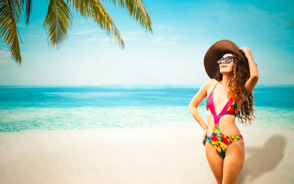 Happy Young Woman Wearing Swimsuit Tropical Sand Beach Resort Summer — Stock Photo, Image