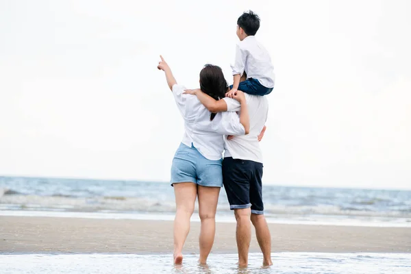 母と息子の幸せな家庭は 夏に熱帯の砂浜に休暇を行く — ストック写真