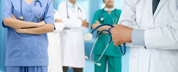 Healthcare people group. Professional doctor working in hospital office or clinic with other doctors, nurse and surgeon. Medical technology research institute and doctor staff service concept.