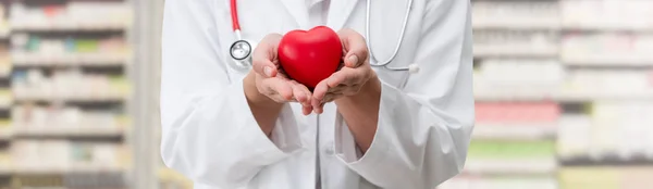 Doctor holding a red heart at hospital office. Medical health care and doctor staff service concept.