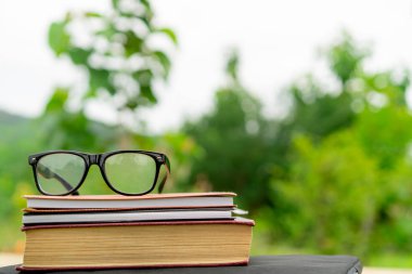 Yumuşak odak retro tarzı kitap ve göz gözlük doğa arka plan ile. Okuma ve eğitim kavramı.