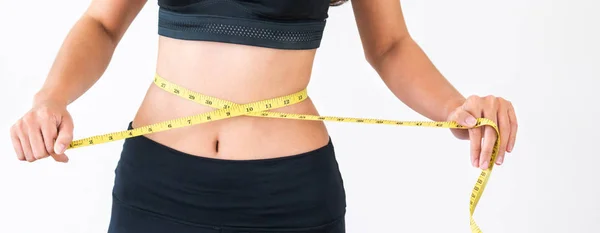 Close Shot Woman Slim Body Measuring Her Waistline Torso Healthy — Stock Photo, Image