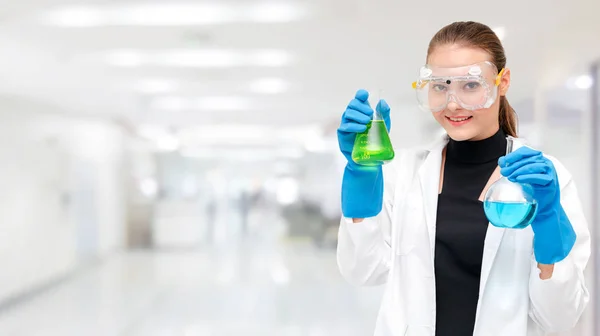 Portrait Young Happy Scientist Chemist Holding Test Tube Laboratory Chemical — Stock Photo, Image