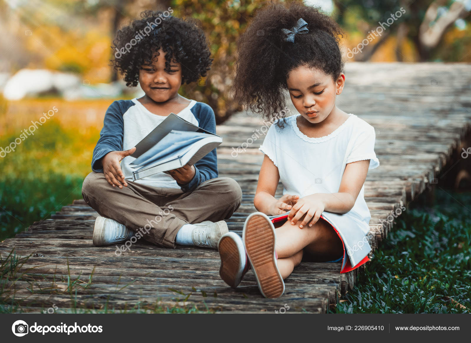 Happy Little Boy Girl Park Two African American Children Together