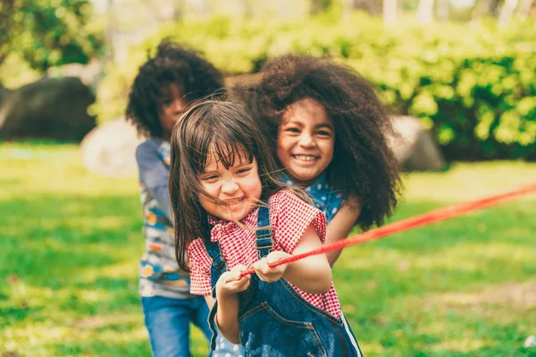 Fröhliche Kinder Die Tauziehen Spielen Und Spaß Beim Sommerlichen Zelten — Stockfoto