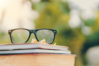 Yumuşak odak retro tarzı kitap ve göz gözlük doğa arka plan ile. Okuma ve eğitim kavramı.