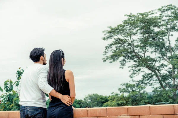 Happy Couple Take Romantic Walk Hills Travel Honeymoon Concept — Stock Photo, Image