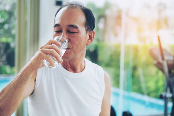 Senior Man Drink Mineral Water Gym Fitness Center Exercise Elderly — Stock Photo, Image