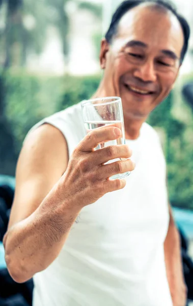 Senior Man Drink Mineral Water Gym Fitness Center Exercise Elderly — Stock Photo, Image