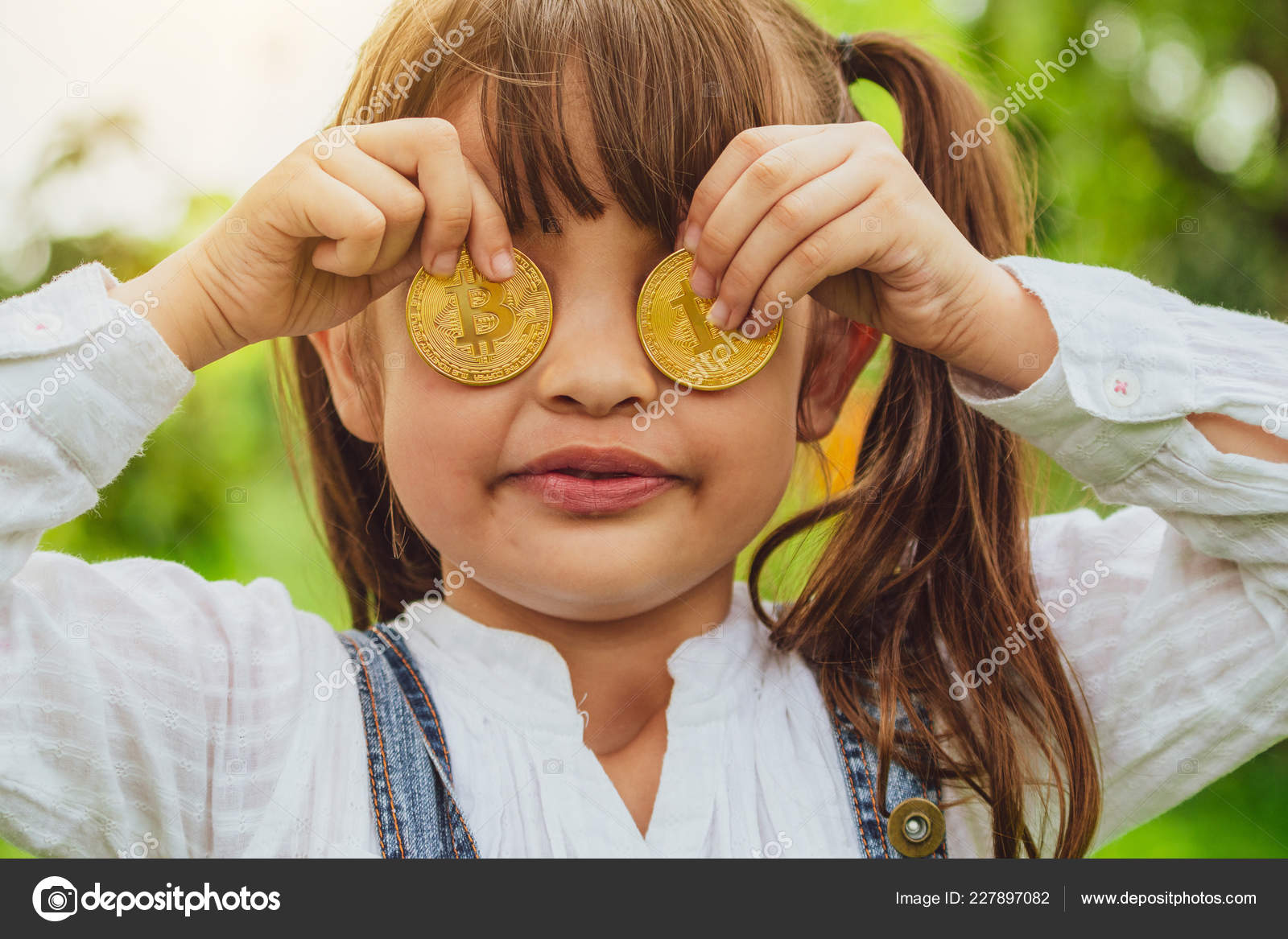 Little Girl Kid Holding Bitcoin Digital Money Concept Easy Bitcoin - 